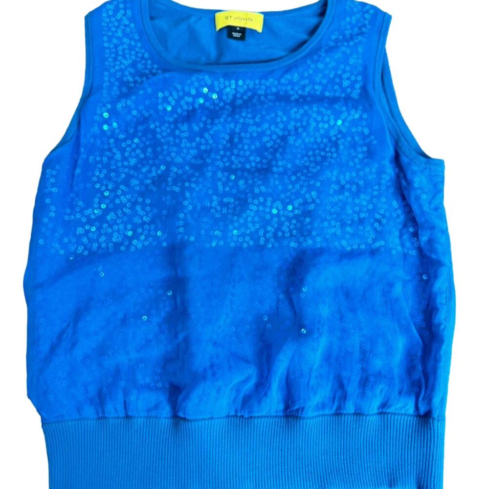 St. John Sequin Sleeveless Sweater Top M Teal Blue Ribbed Hem Women's Pullover